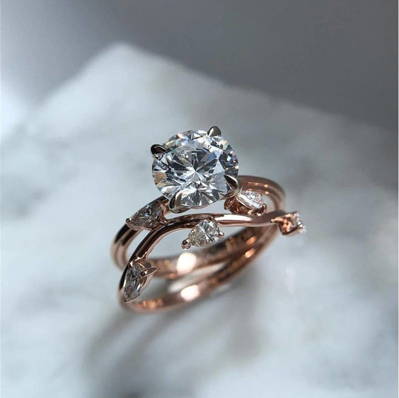 Leaf Shaped Zircon Ring Rose Gold Plated Copper Jewelry Elegant Statement Ring For Women Size No 6 To No 10 Ring
