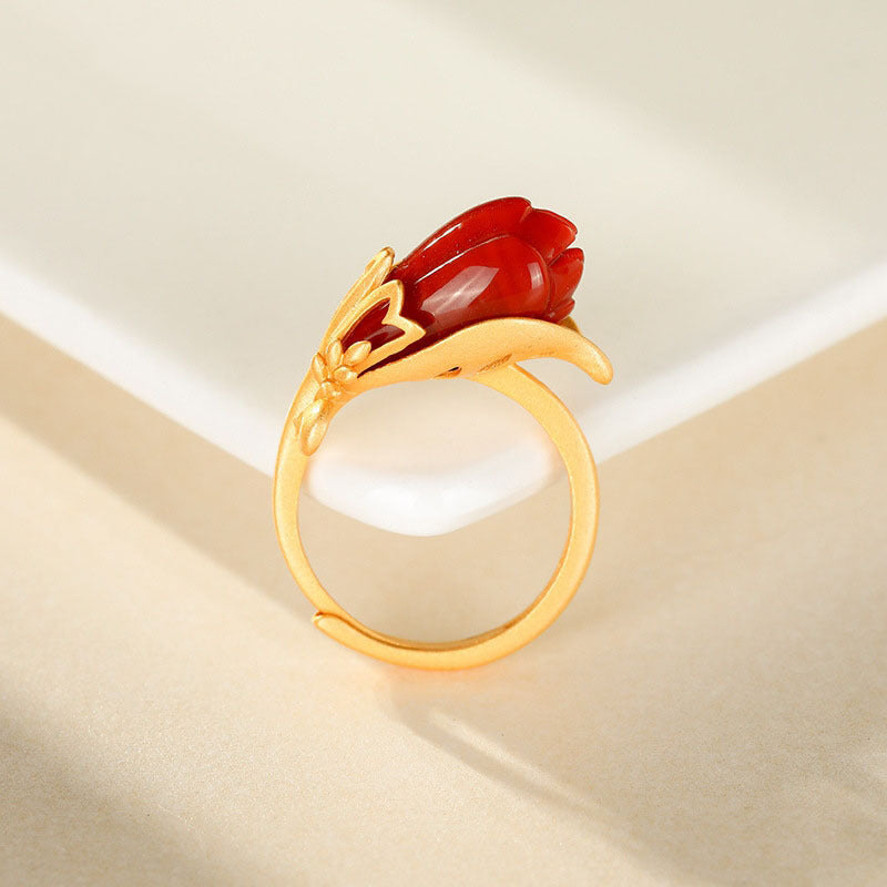 Womens Natural Red Agate Vintage Open Ring Copper Adjustable Band For Women Fashion Jewelry Handcrafted Gift Box