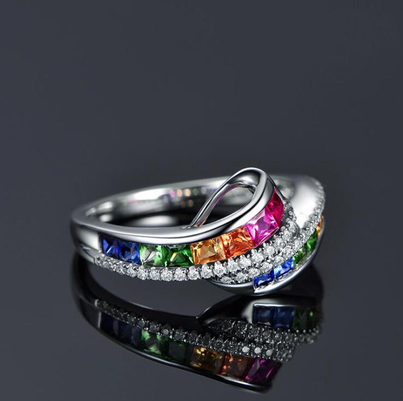 Geometric Alloy Ring With White Gold Electroplating Inlaid Gemstones European Fashion Jewelry For Women Mosaic Gemstones