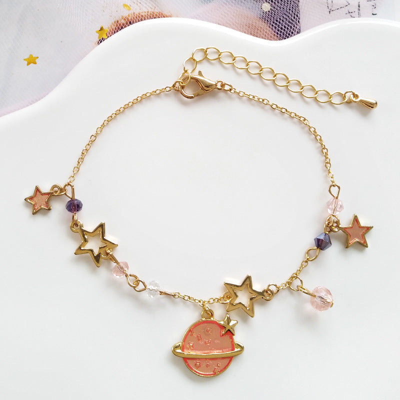 Womens Alloy Bracelet Korean Geometric Electroplated With Five Pointed Star Charm Sweet Dream Pink Or Blue Color