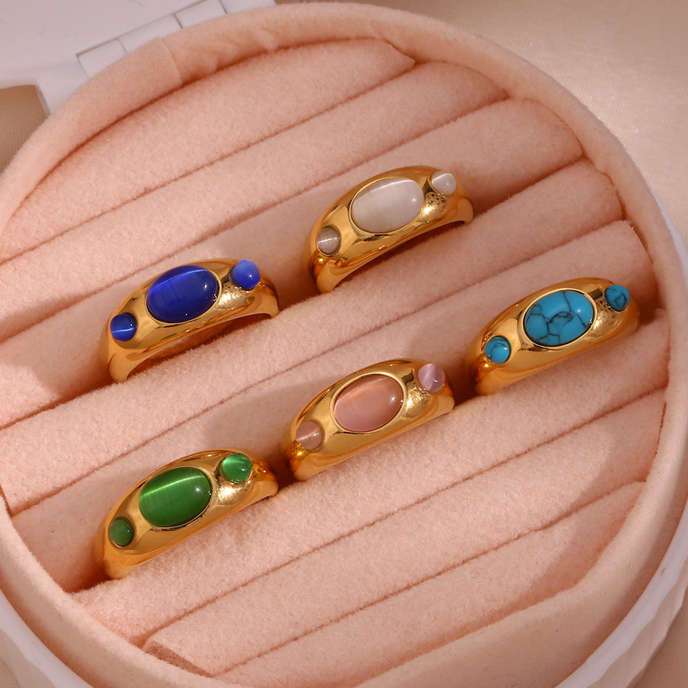 Stainless Steel Fashion Ring For Women Triple Stone Opal Green Pink Turquoise Sapphire White OpalStone Jewelry