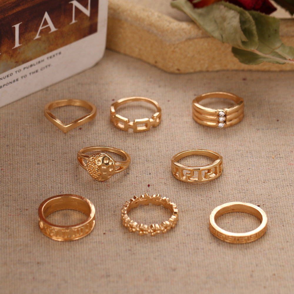 Unisex Geometric Ring Hollow Petaled Design Alloy Gold Plated Inlaid Gemstones Fashions Ring Set For Men Women