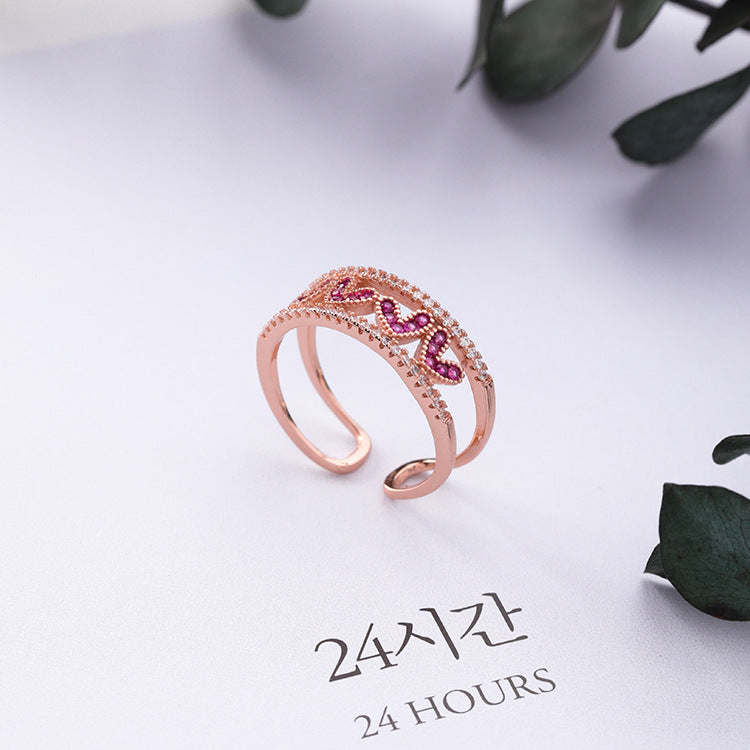 Openwork Heart Ring Alloy With Adjustable Band Inlay Gemstones Rose Gold Or Silver Korean Style Jewelry Design