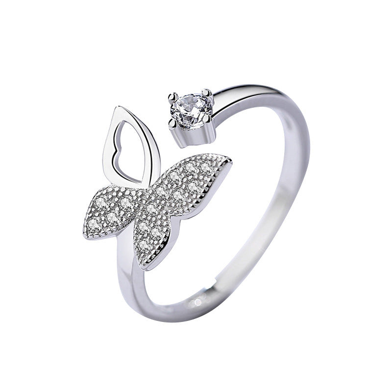 Sterling Silver Butterfly Ring Opening Band 925 Silver Zircon Gemstone Gift for Women and Girls Korean Style Jewelry