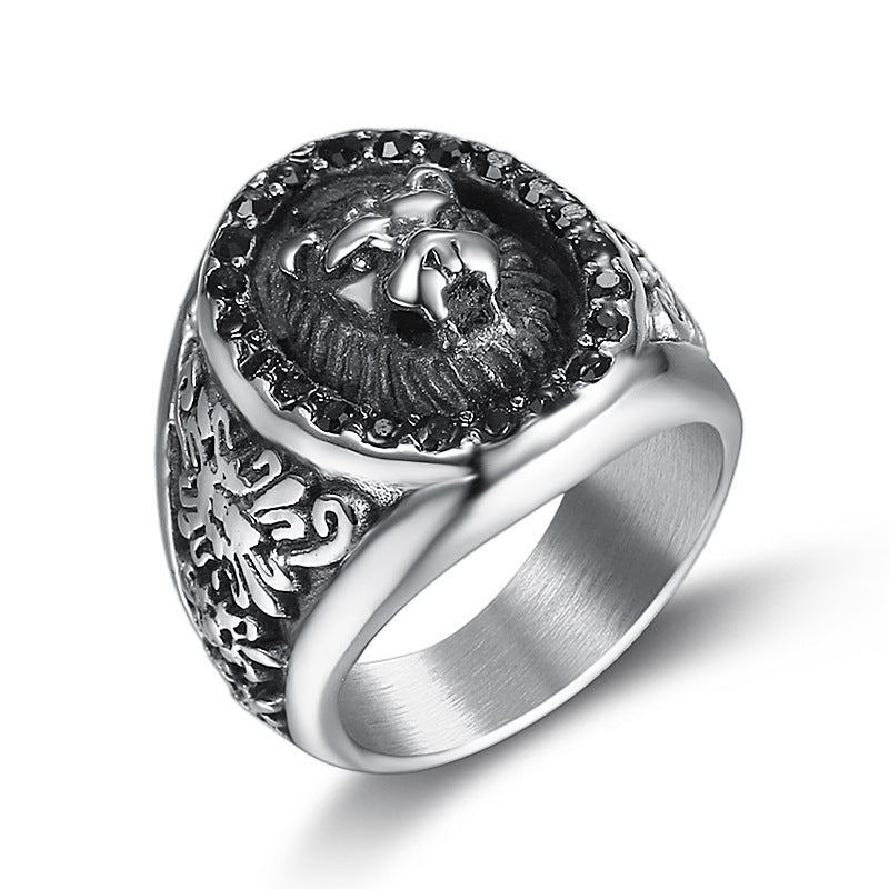 Mens Stainless Steel Lion Head Ring With Black Diamond Accent U Shape Bold Statement Jewelry Gift For Festivals