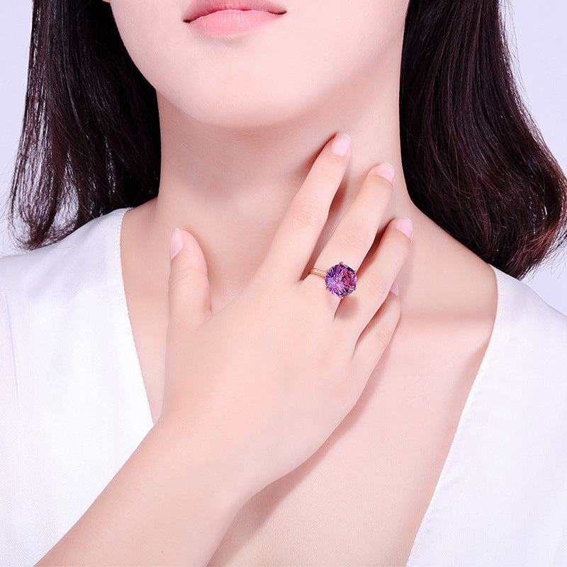 Six Claw Amethyst Ring with Geometric Silver Inlay For Women Adjustable Size Jewelry And Elegant Craft Details