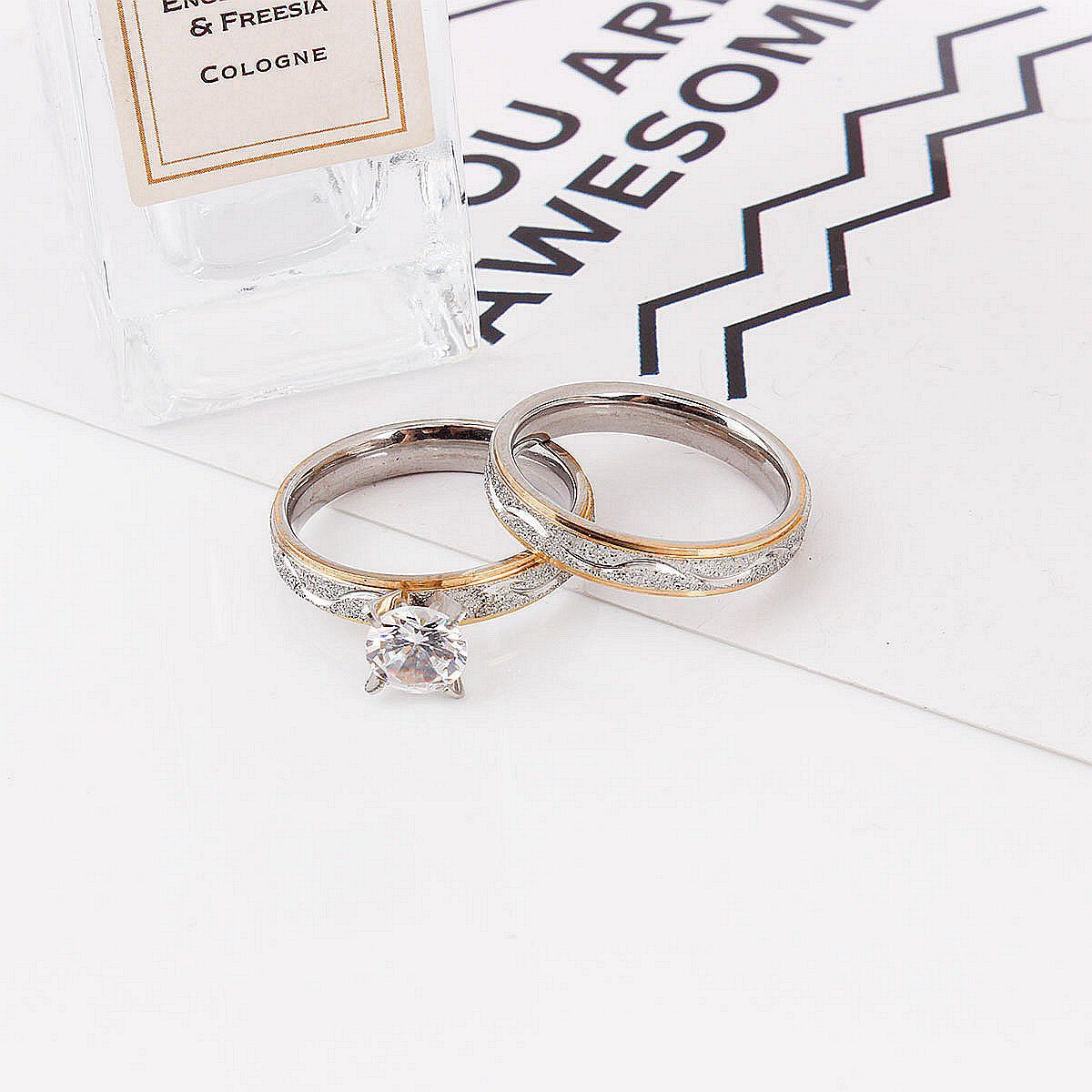 Two Tone Brushed Stainless Steel Rings With Gold Plated Accent Sandblasted Metal Rings For Couples Luxury Line