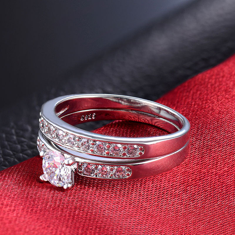 Silver Tone Ring Sets For Women Diamond Cubic Zirconia Bridal Engagement Wedding Bands Jewelry Sparkle Shine X