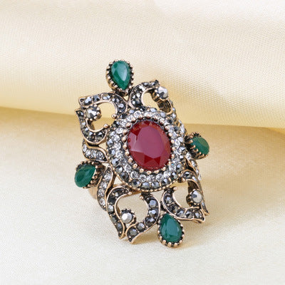 Womens Retro Flower Jewel Ring Alloy Electroplated European American Fashion Accessory Midi Ring Gold Blue Red