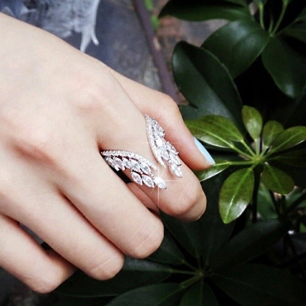 Womens Angel Wing Ring Alloy Electroplated Gemstone Inlaid Elegant Fashion Jewelry Gift For Her Rose Gold Tone Luxe