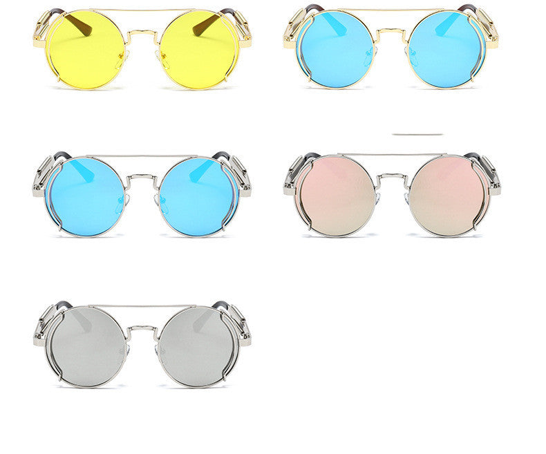 Mens Steampunk Sunglasses With Metal Frame And Plastic Accents Unique Double Spring Leg Design Fashion Eyewear Style