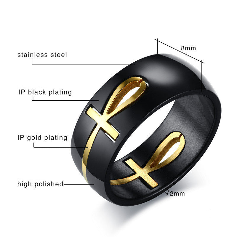 Men Ankh Egyptian Cross Ring Stainless Steel Black Gold Finish Key Of Life Personalized Jewellery For Weddings