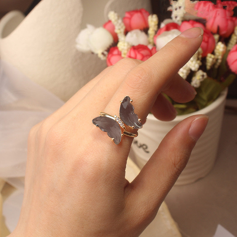 Womens Butterfly Ring Adjustable Crystal Inlay Alloy Insect Jewelry Korean Style Fashion Accessory Ladies Gift