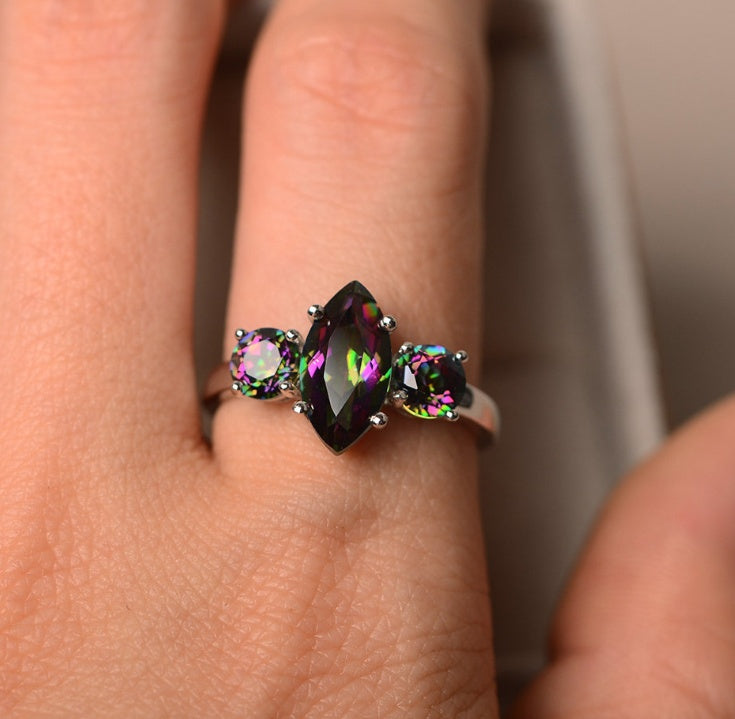 Womens Inlaid Seven Color Topaz Three Diamond Ring Copper Zircon Gemstone Jewelry For Special Occasions Color