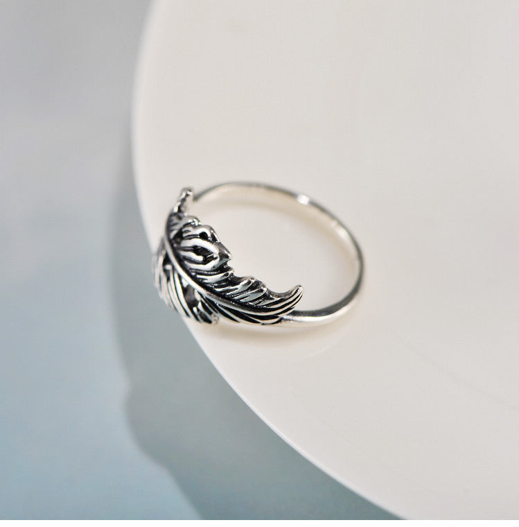 Vintage Thai Feather Ring Hollow Leaf Design Lightweight 925 Sterling Silver Closed Mouth Jewelry Gift For Everyday Use