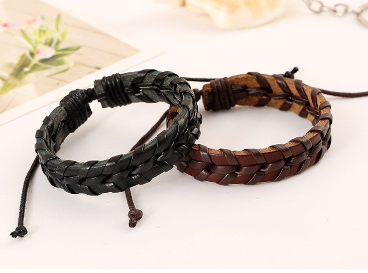 Handmade Braided Leather Bracelet Cowhide Adjustable Wristband For Men And Women Wax Rope Jewelry Gift Everyday Style