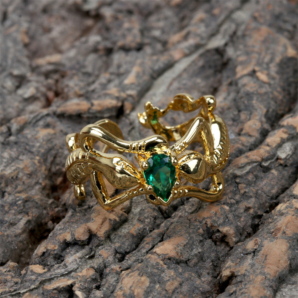 Gecko Ring Green Zircon Gold Plated Copper Adjustable