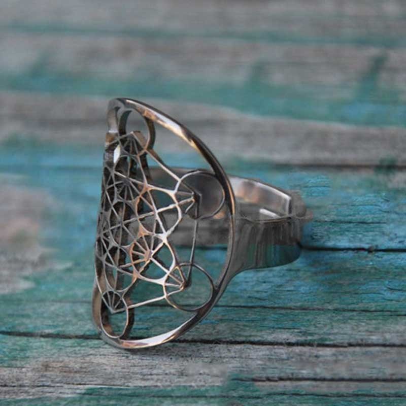 Adjustable Stainless Steel Ring Sacred Geometry Hollow Cube