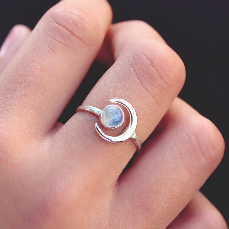 Moonstone Ring 925 Silver Plated Moon Design Jewelry Gift for Women Elegant Dainty Brass and White Steel Basis