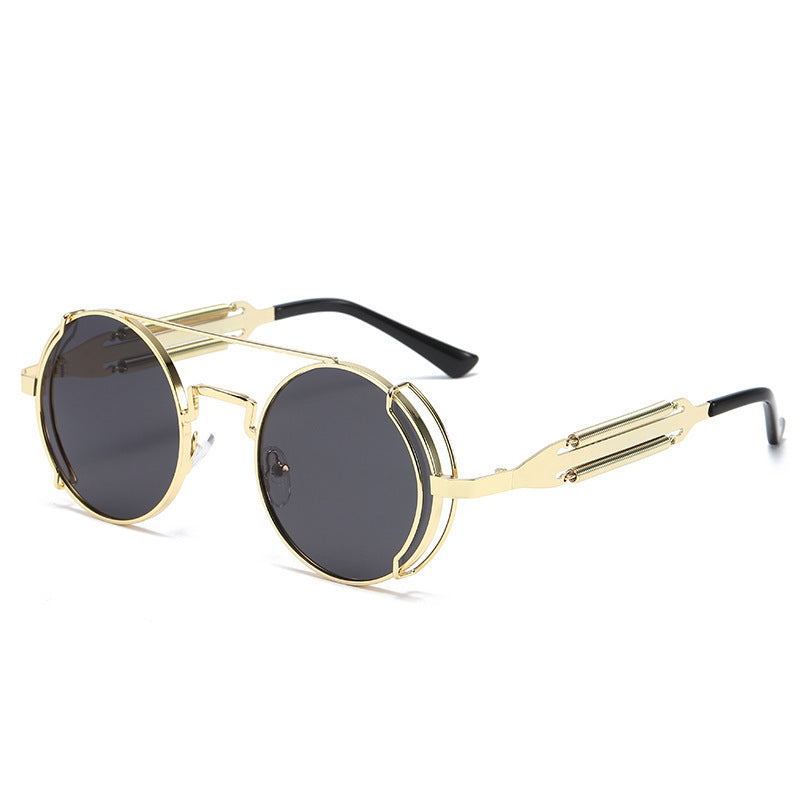 Mens Steampunk Sunglasses With Metal Frame And Plastic Accents Unique Double Spring Leg Design Fashion Eyewear Style