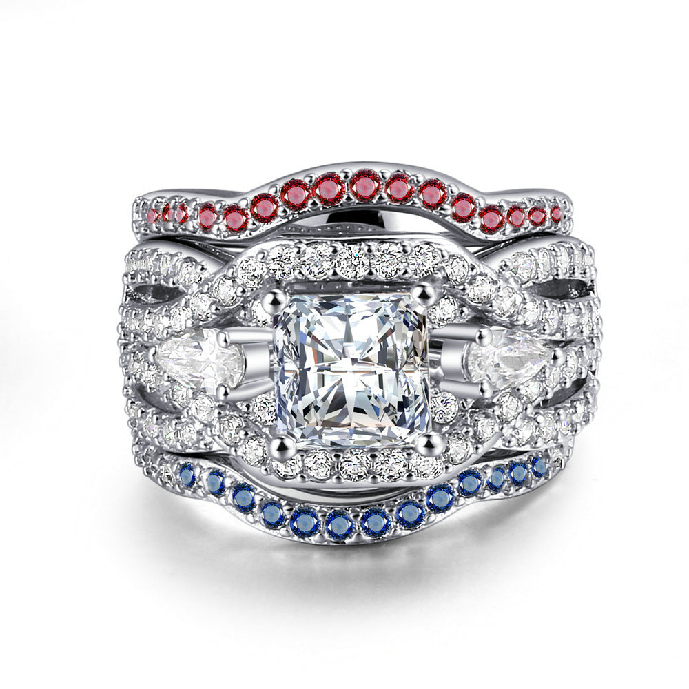 Womens Fashion Three Layer Ring With Square White Zircon Diamond Gold Plated Copper Inlaid European Ring Trend