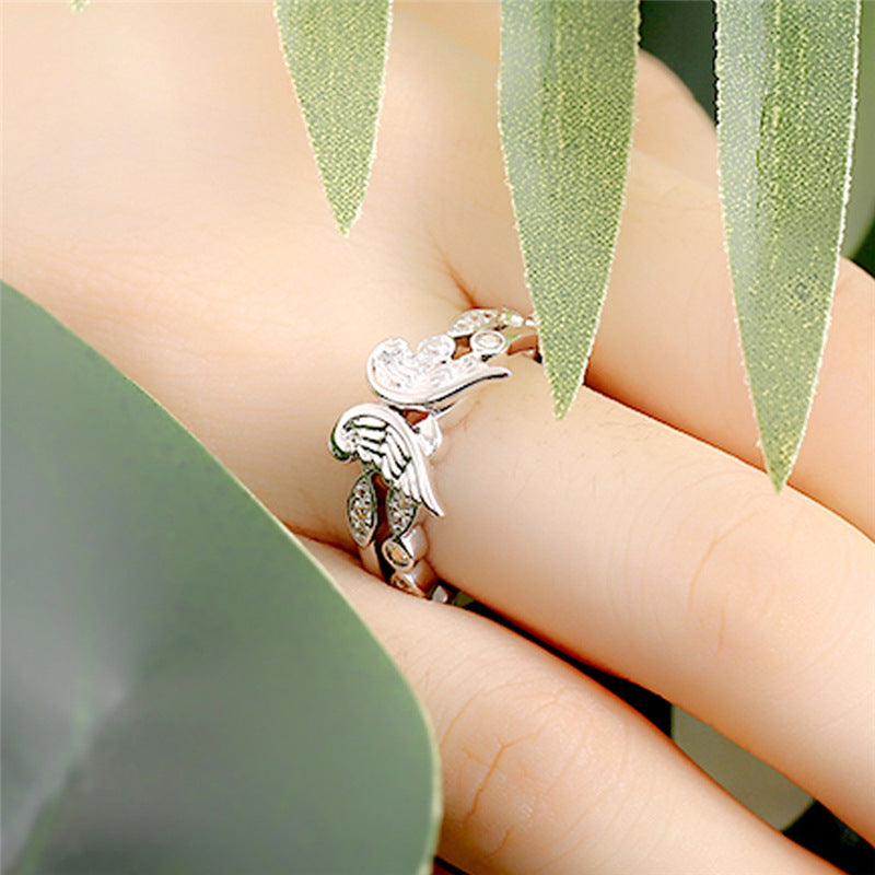 Womens Angel Wing Ring Diamond Accent Couple Ring Set Platinum Plated Promise Jewelry Anniversary Gift Engagement Band Fashion Ring Travel Memorial