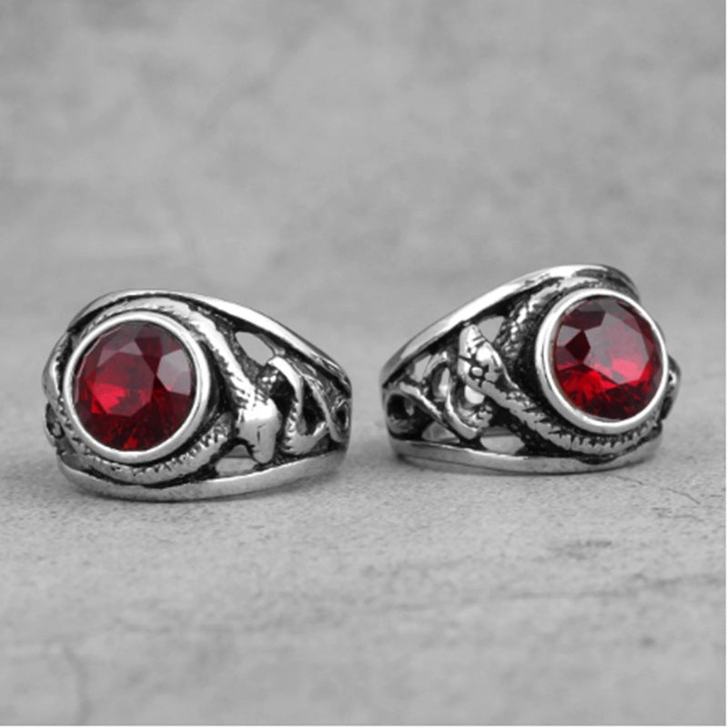 Mens Titanium Steel Ring Retro Gem Snake Design Geometric European Styles Red Diamond Accent Seven To Thirteen