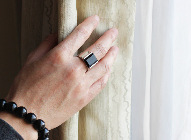 Mens Titanium Steel Ring Obsidian Inlay European American Retro Style Jewelry Gift For Him Obsidian Inlay Gems