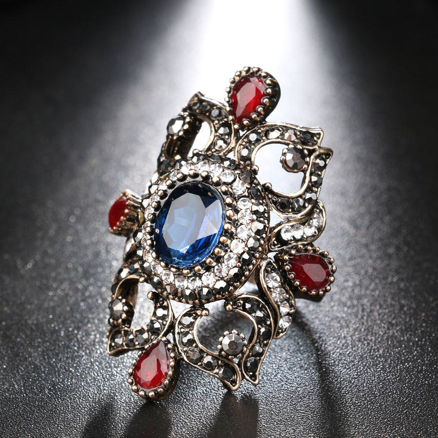 Womens Retro Flower Jewel Ring Alloy Electroplated European American Fashion Accessory Midi Ring Gold Blue Red