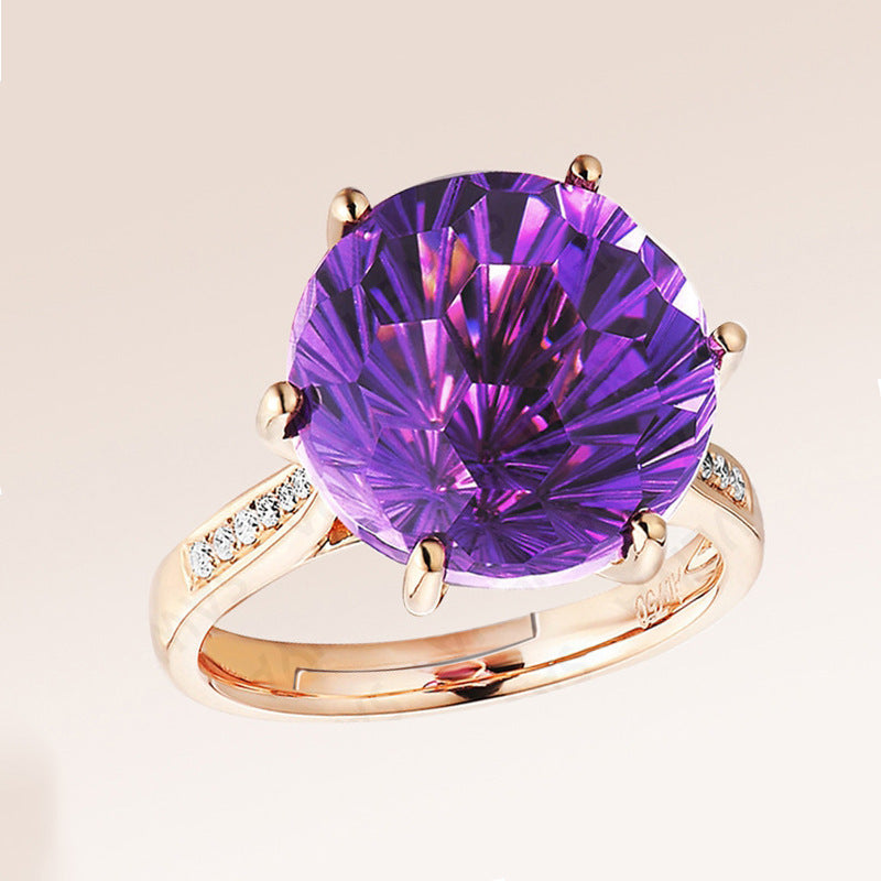 Six Claw Amethyst Ring with Geometric Silver Inlay For Women Adjustable Size Jewelry And Elegant Craft Details
