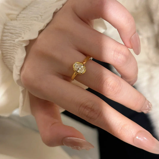 Gold Copper Ring With Zircon Inlaid Oval Ellipse Geometrical Design For Women Fashion Jewelry Stylish Accessory