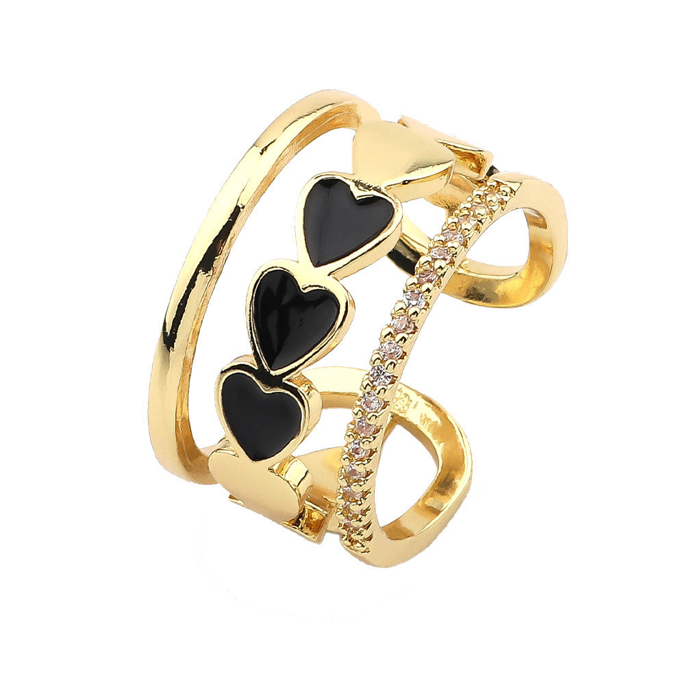 Heart Shaped Zircon Inlaid Copper Ring With Dripping Oil Design Elegant Fashion Jewelry Gift For Her Durable Quality