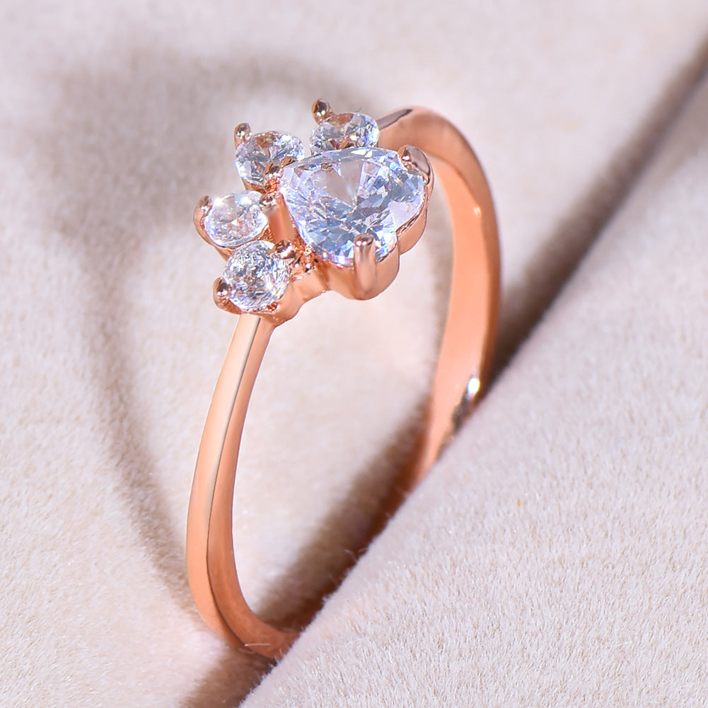 Gold Plated Copper Paw Print Ring With Inlaid Gemstones For Women Elegant Jewelry Gift For Pet Lovers For Animal Lovers