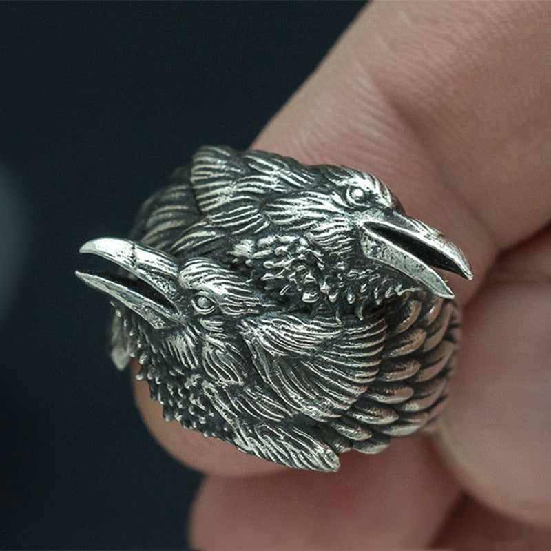 Mens Vintage Alloy Ring Two Crow Design Animal Zodiac Ring Electroplated Black Finish Men Fashion Jewelry Ring