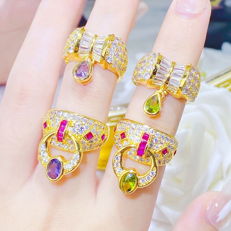 Adjustable Copper Ring With Diamond Zircon Geometric Ellipse Retro Style for Women Elegant Everyday Style Glow