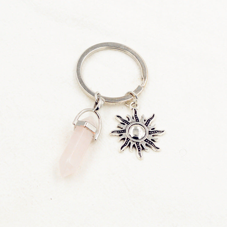 Unisex Alloy Heart Moon Sun Hexagonal Prism Natural Stone Celestial Keychain Pendant Accessory Jewelry Gift Lovers