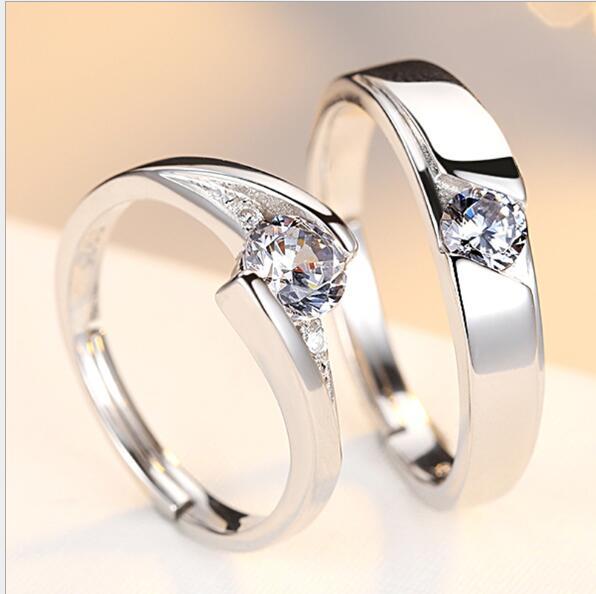 Adjustable Sterling Silver Couple Rings Matching Pair For Marriage Engagement Promise Simulated Diamonds Rings
