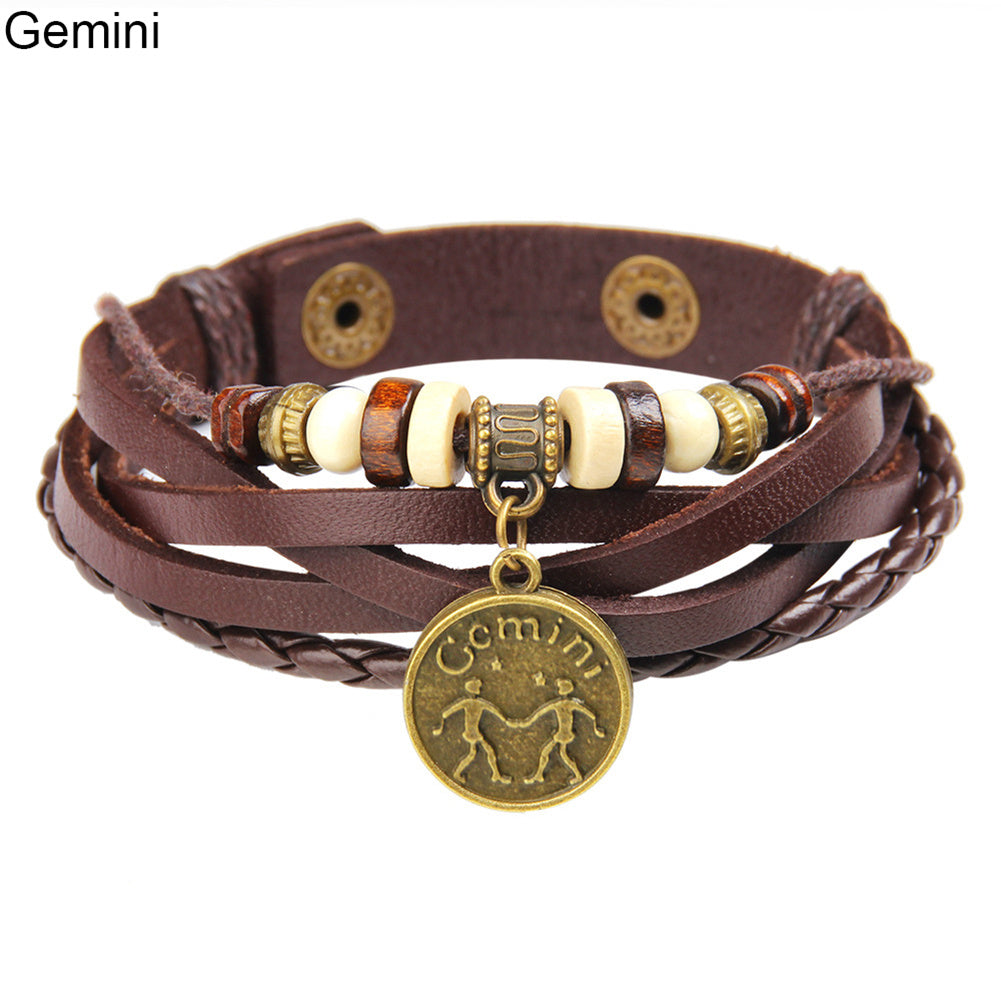 Unisex Astrological Sign Bracelet With Coin Charm And Layered Leather Bangle For Festival And Daily Wear Gift
