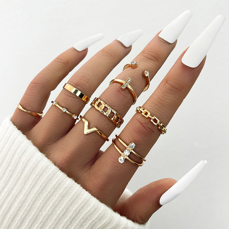 Women Ring Set 9 Piece Cross V Twist Geometric Alloy Rings With Artificial Gems Electroplated Fashion Everyday