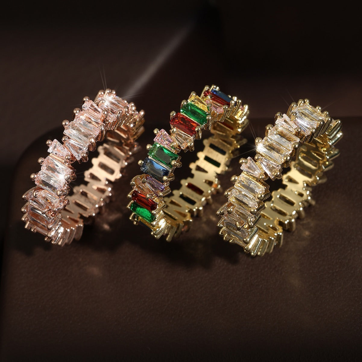 Womens Copper Ring Inlaid Zircon Ladder Design Geometric Square With Gold Inlay Treatment Fashion Jewelry Gift