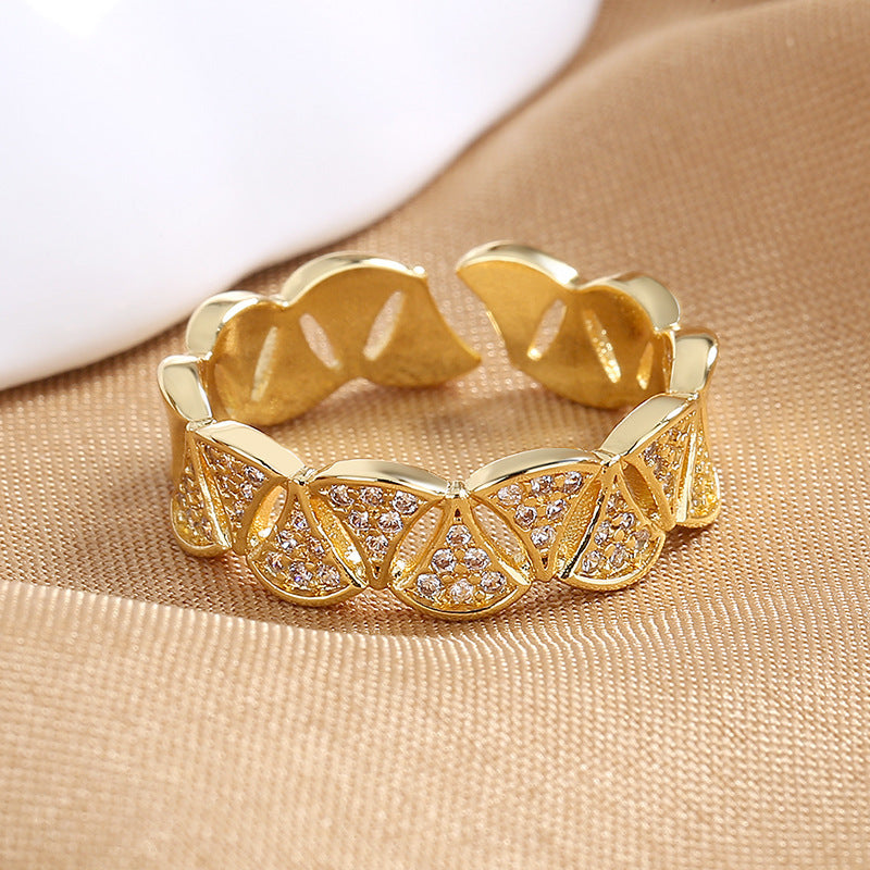 Womens Hollow Fan Shaped Adjustable Zircon Ring Gold Plated Geometric Fashion Jewelry For Women Radiant Charms