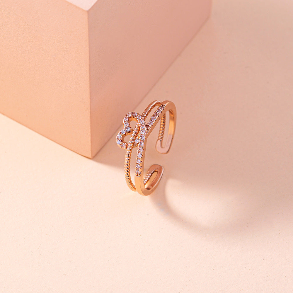 Love Heart Ring Open Adjustable Zircon Copper Ring European Electroplated Personalized Ring Europe and America