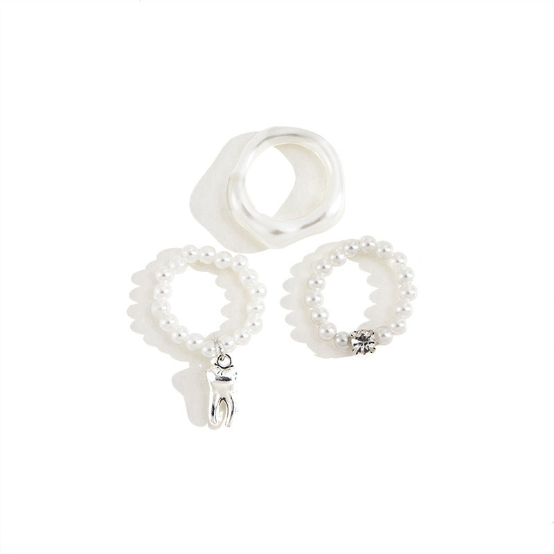 Set of 3 Imitation Pearl Rings for Women Geometric Bead Plated Elastic Rings Fashion Jewelry Everyday Wearable