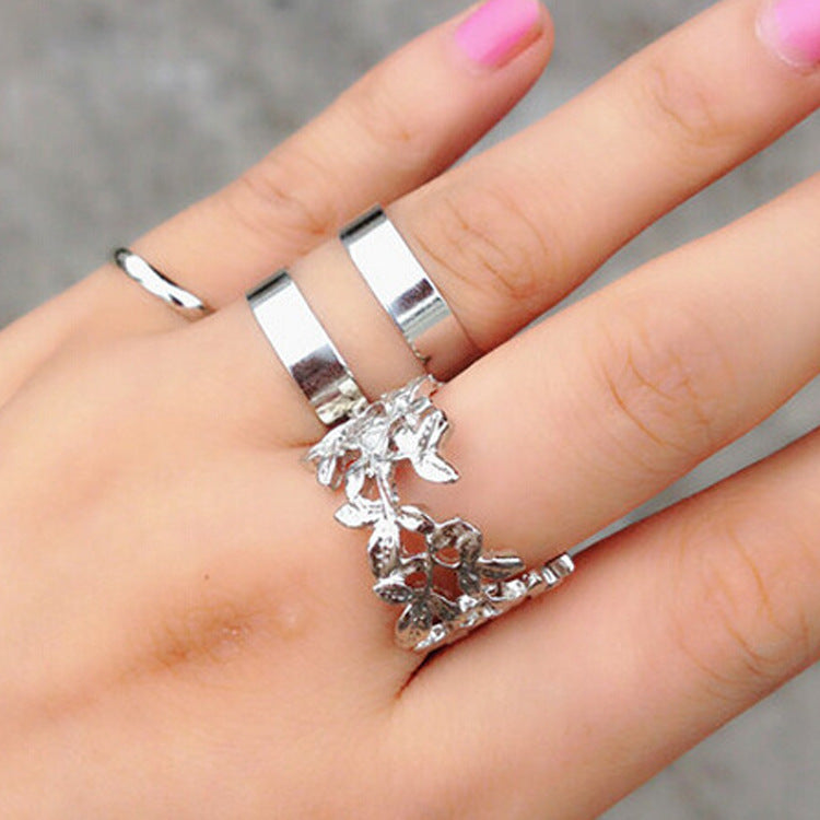 Three Piece Alloy Ring Set Heart Shaped and Tree Leaf Design Korean Fashion Jewelry for Women Elegant Chic Everyday
