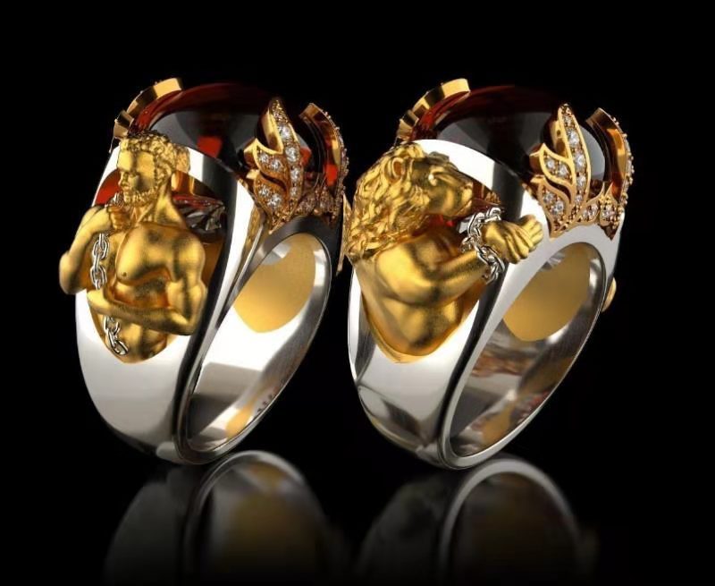 Mens Alloy Ring With Inlaid Gemstone Insect Ring European Lion Ring Two Tone Electroplated Golden And Blue Ring