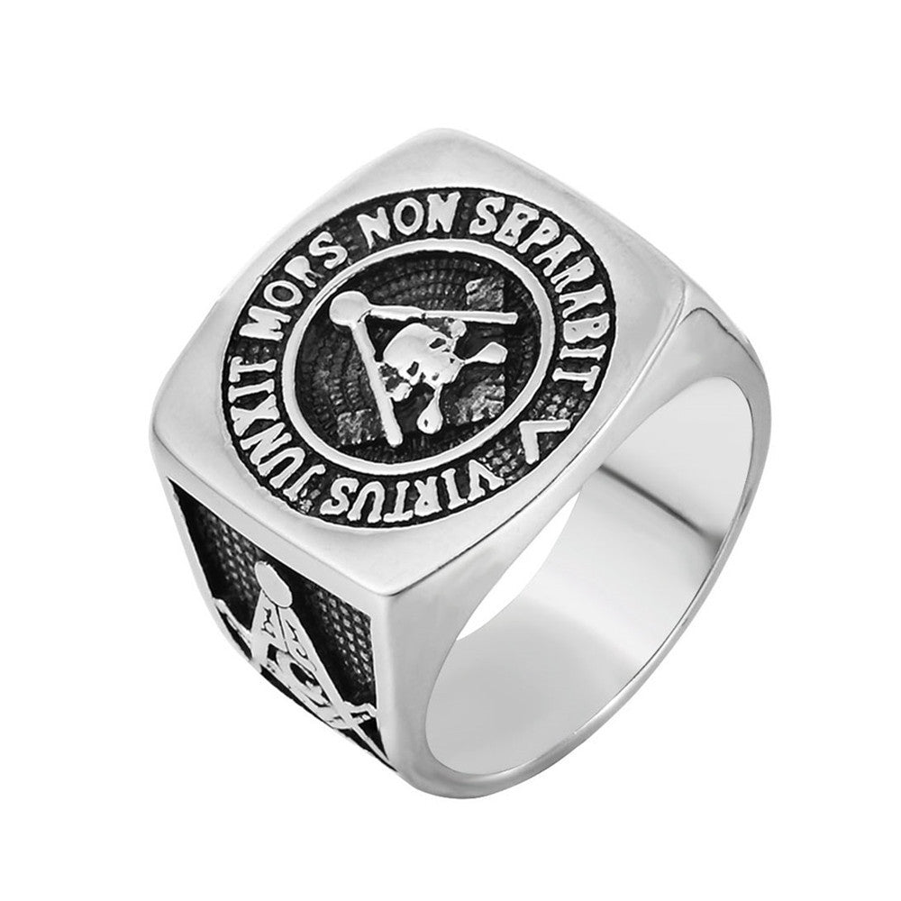 Men's Masonic Ring with Ghost Head Titanium Steel Band European American Retro Ring Stainless Steel Statement Ring for Man Fashion Jewelry Biker Ring