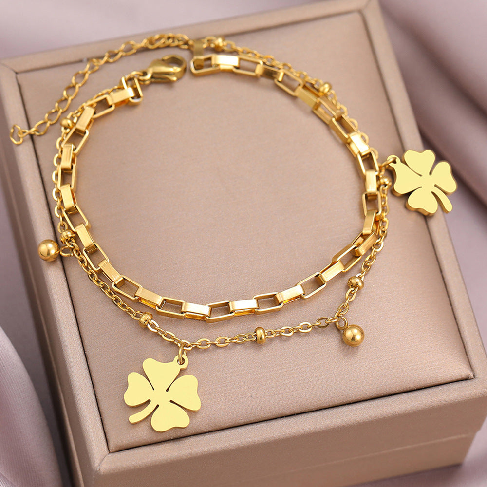 Womens Titanium Steel Bracelet With Flower And Lucky Clover Pendant Electroplated Designs Court Jewelry Elegant
