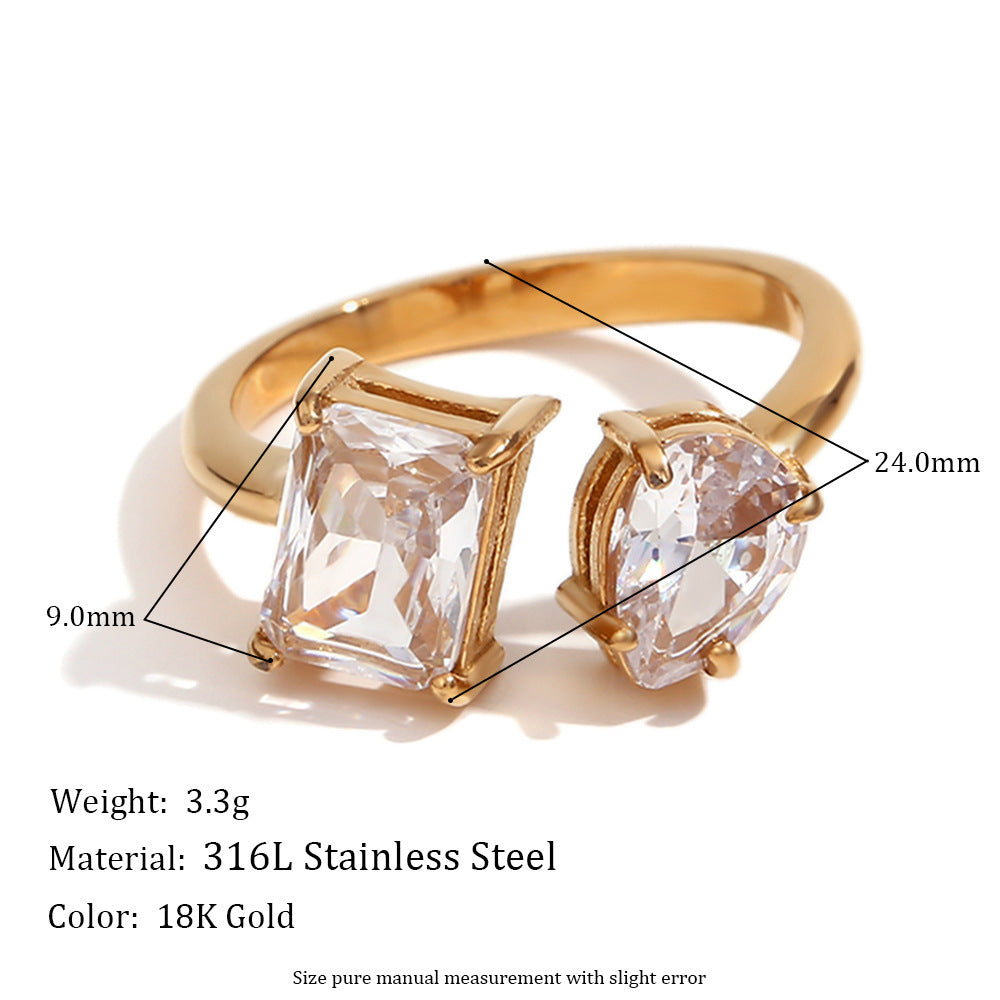 Stainless Steel Ring 18K Gold Plated Open Zircon Water Drop