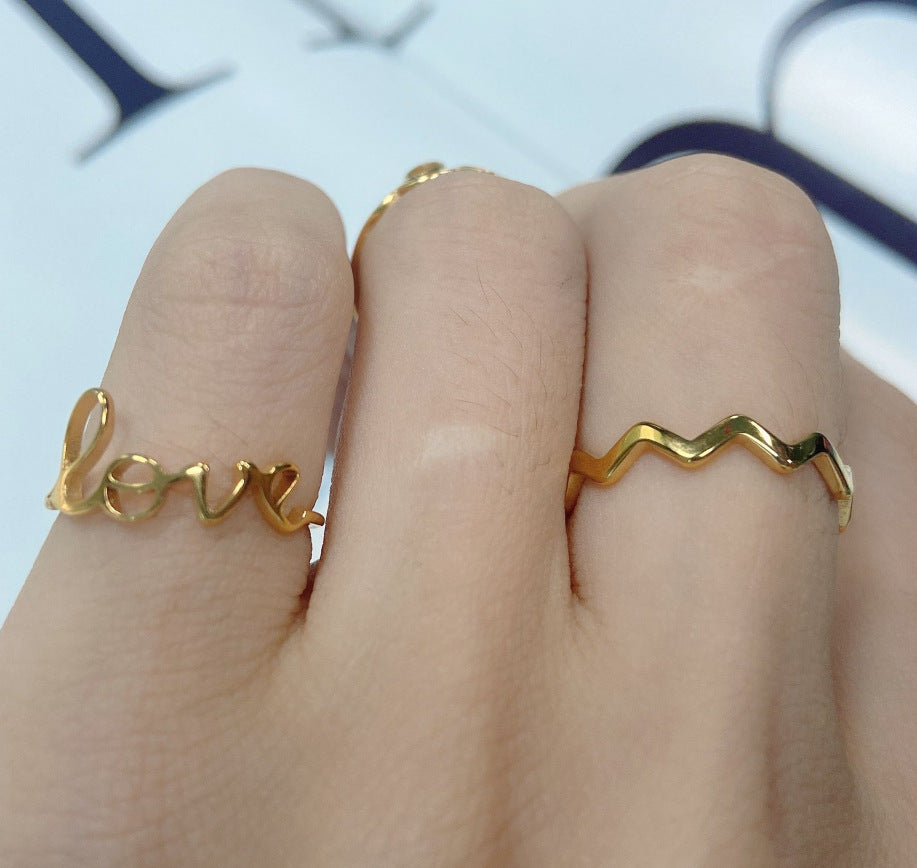 Womens Fashion Ring Simple Letter Design Titanium Steel Ring Gold Tone Love Ring Jewelry Style Daily Accessory