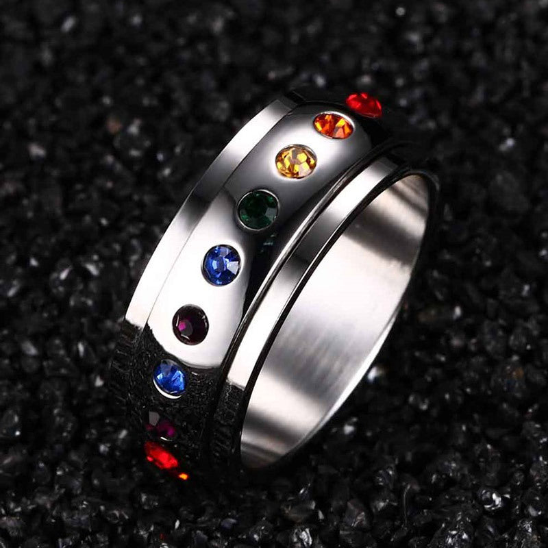 Iridescent Zircon Spinning Ring Stainless Steel Band for Women Fashion Electroplated Mosaic Titanium Steel Anxiety Relief Fidget Spinner